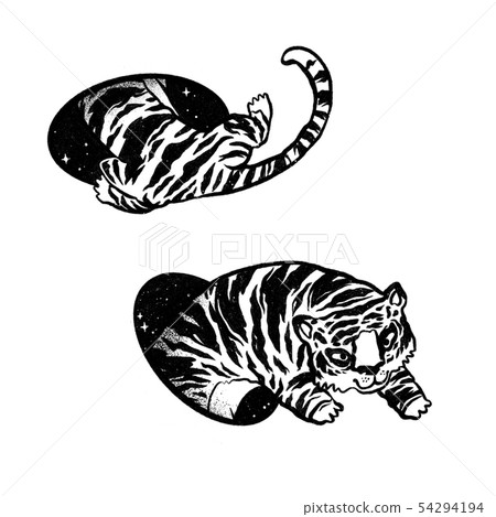 Tiger in magic teleport. Linear black and white drawing. Tiger in magic teleport. Linear black and white drawing. 54294194