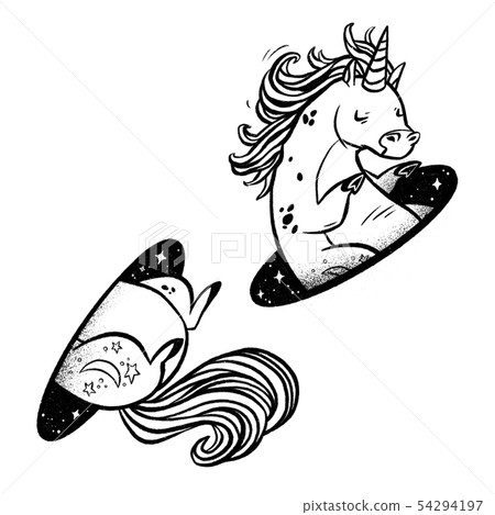 Unicorn in magic teleport. Linear black and white drawing. 54294197