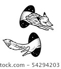Fox in magic teleport. Linear black and white drawing. 54294203