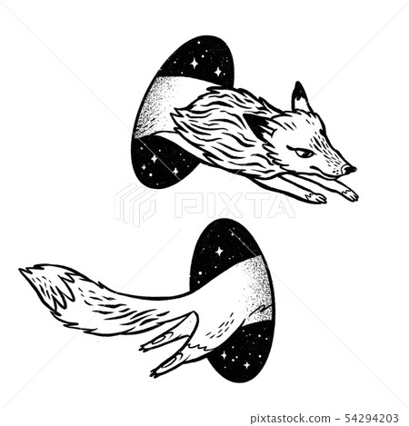 Fox in magic teleport. Linear black and white drawing. Fox in magic teleport. Linear black and white drawing. 54294203
