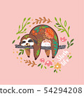 Sloth life print. Cute vector sloth bear animal character sleeping on a branch. Vector illustration 54294208