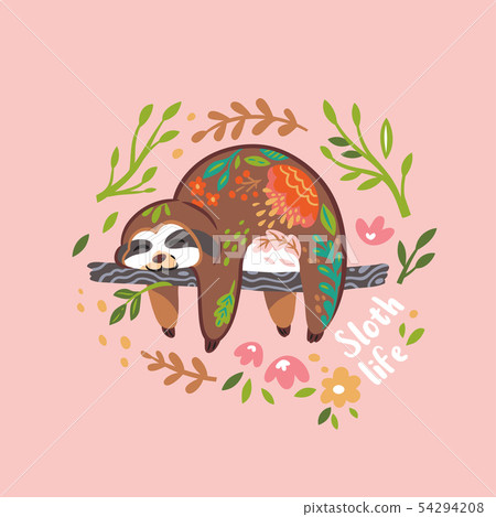 Sloth life print. Cute vector sloth bear animal character sleeping on a branch. Vector illustration 54294208