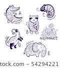 Cute zoo alphabet drawing in a chalk style. Hand drawn contour illustration 54294221
