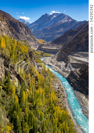 Colorful autumn view from altit fort of blue Hunza Colorful autumn view from altit fort of blue Hunza 54295342