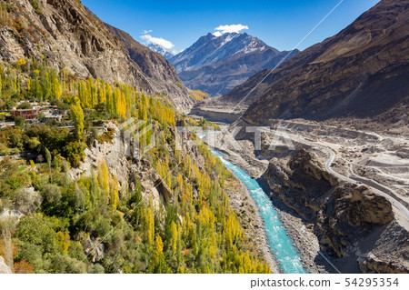 Colorful autumn view from altit fort of blue Hunza Colorful autumn view from altit fort of blue Hunza 54295354