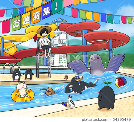 Swimming in a leisurely swimming pool (various animals) 54295479