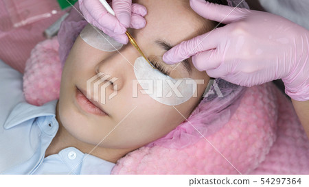 Eyelash Extension Procedure. Woman Eye with Long 54297364