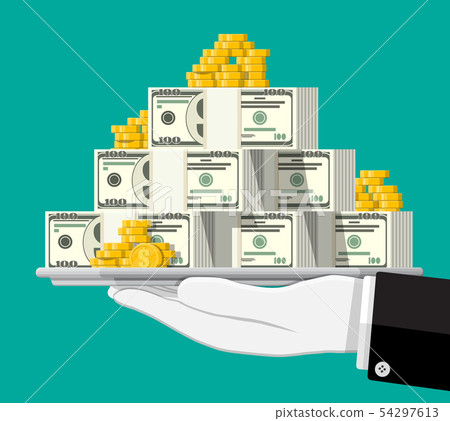 Stack of dollar banknotes and golden coins. 54297613