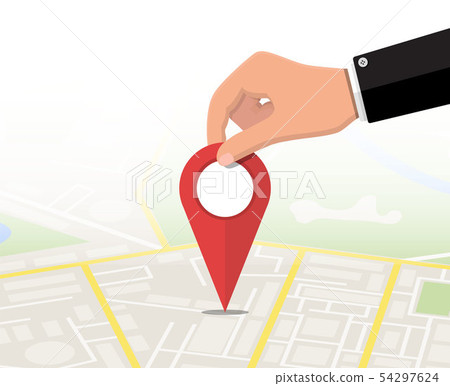 Location pin in hand and map. Location pin in hand and map. 54297624