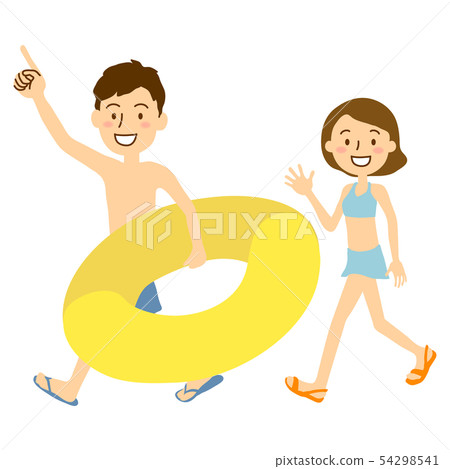 夏季海洋服男泳裝黃色和泳裝女 54298541