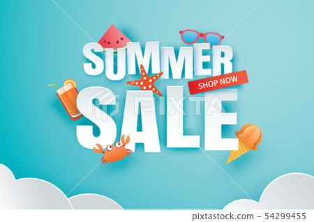 Summer sale with decoration origami on blue sky Summer sale with decoration origami on blue sky 54299455