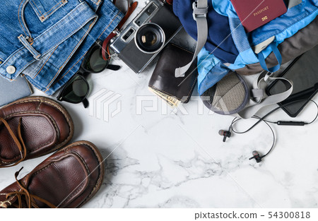 prepare backpack accessories and travel items prepare backpack accessories and travel items 54300818