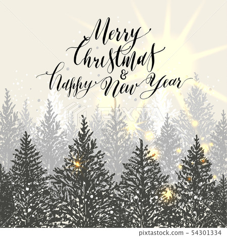 Hand drawn christmas card. New year trees with 54301334