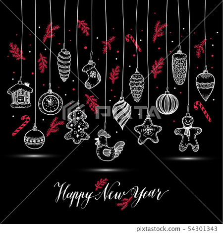 New Year's toys hand drawn style. Greeting card 54301343