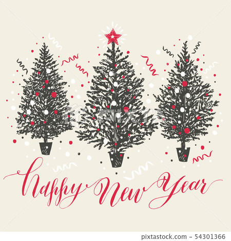 Hand drawn christmas card. New year trees with 54301366