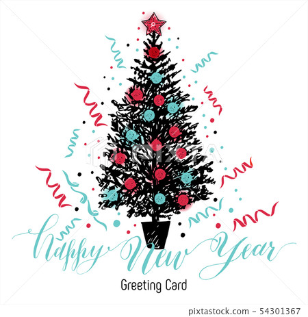 Hand drawn christmas card. New year tree with Hand drawn christmas card. New year tree with 54301367