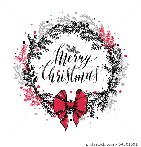 Hand drawn new years wreath with red bow Hand drawn new years wreath with red bow 54301501