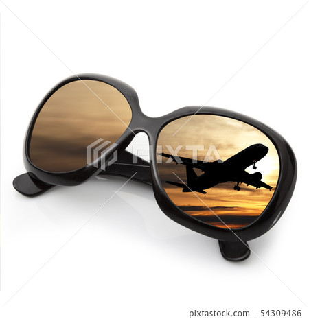 sunglasses with airplane in white background sunglasses with airplane in white background 54309486