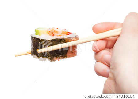 chopsticks holds western-style sushi roll isolated chopsticks holds western-style sushi roll isolated 54310194