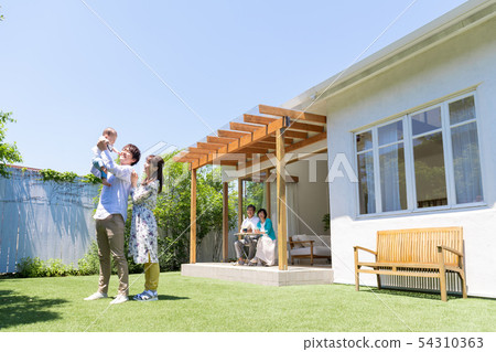 Three generations family, blue sky, baby, tall high, home 54310363