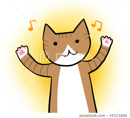 快樂貓（黃色背景，音符）的插圖 54313889