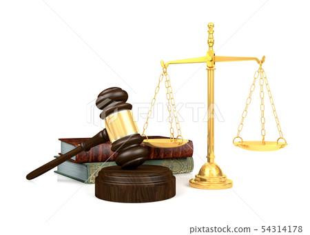 Wooden judge's gavel and golden scale and law book 54314178
