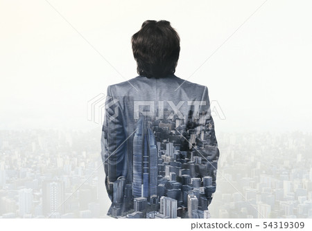 Double exposure of businessman walking on abstract city background 54319309