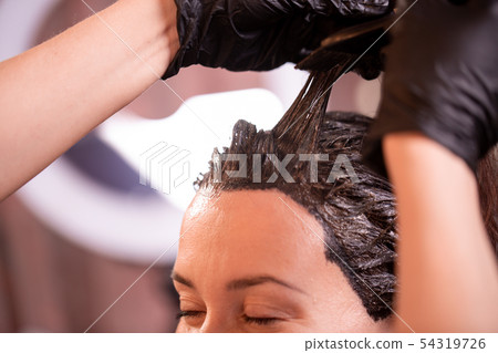 Hair coloring in the salon, hair styling. Professional wizard paints the hair in the salon. Beauty Hair coloring in the salon, hair styling. Professional wizard paints the hair in the salon. Beauty 54319726