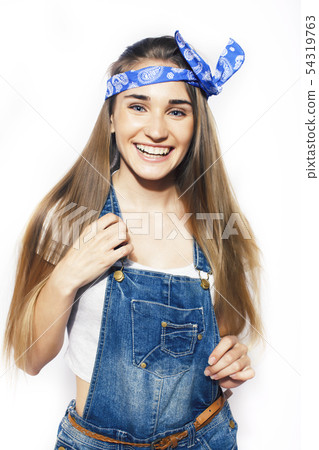 young pretty stylish hipster girl posing emotional isolated on white background happy smiling cool 54319763
