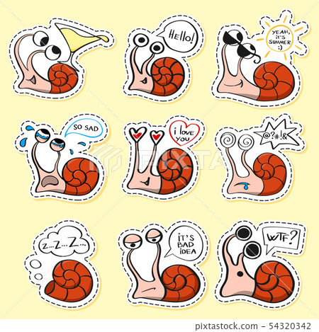 Snails stickers set. Funny emoji. Icon, elements. Snails stickers set. Funny emoji. Icon, elements. 54320342