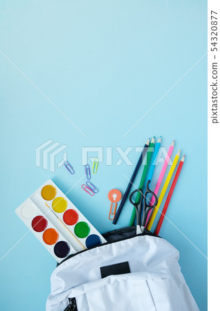 Backpack with different colorful stationery on tab 54320877