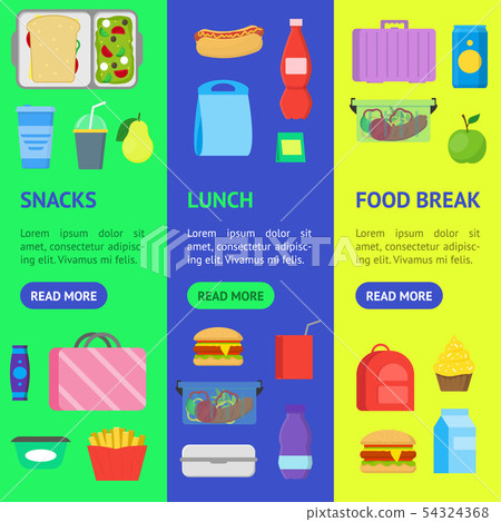 Cartoon Color School Lunch Food Boxes Banner Vecrtical Set. Vector 54324368