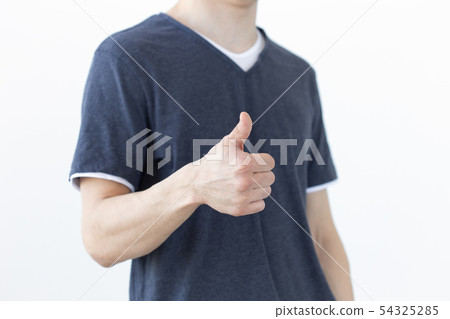 Gesture and people concept - Close up of male showing thumb up on white background with copy space Gesture and people concept - Close up of male showing thumb up on white background with copy space 54325285