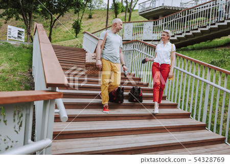 Happy adult couple with two dogs going down the stairs Happy adult couple with two dogs going down the stairs 54328769