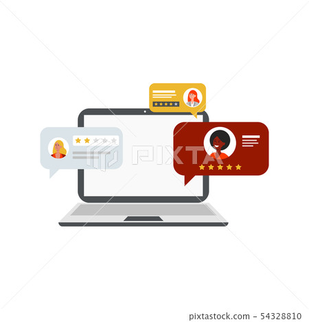 Flat laptop with customer feedback speech bubbles 54328810