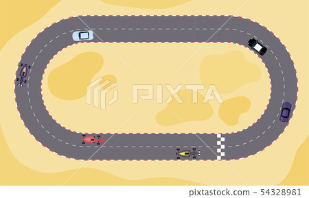 Race car speed competition on cartoon track from top view. 54328981