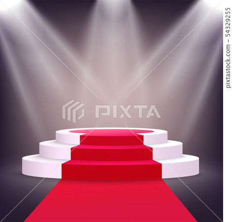 Realistic white podium stage with red carpet lit from multiple spotlights Realistic white podium stage with red carpet lit from multiple spotlights 54329255