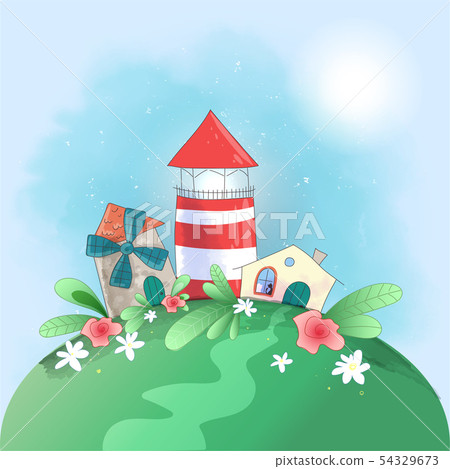 Cute cartoon small town lighthouse, mill and house with flowers, postcard print poster for the Cute cartoon small town lighthouse, mill and house with flowers, postcard print poster for the 54329673