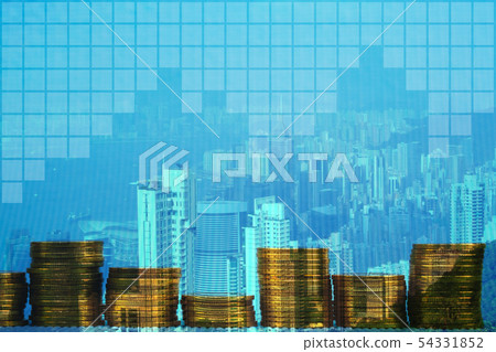 Double exposure Stack of coin with financial graph 54331852
