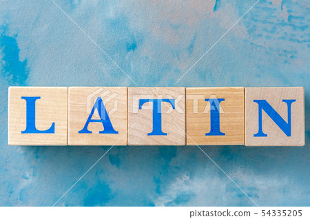 Wooden cubes with word LATIN on blue table. 54335205