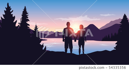 young couple by the river in forest nature landscape at sunrise young couple by the river in forest nature landscape at sunrise 54335356