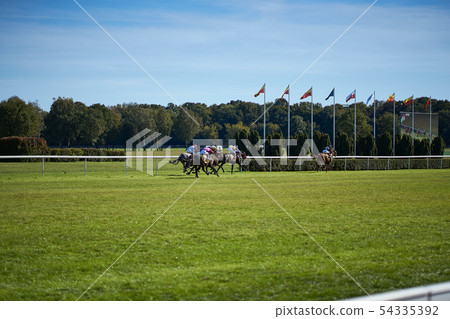 Riding horses on horse races against background of sunny sky Riding horses on horse races against background of sunny sky 54335392
