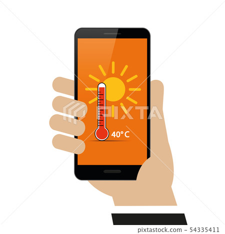 hand holds smartphone with summer weather report 40 degrees on display 54335411