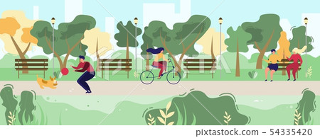 Cartoon People Walking in Flat Urban Public Park