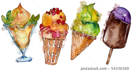 Tasty ice cream in a watercolor style. Aquarelle sweet dessert illustration set. Isolated desserts Tasty ice cream in a watercolor style. Aquarelle sweet dessert illustration set. Isolated desserts 54336389