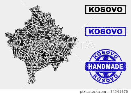 Handmade Collage of Kosovo Map and Scratched Seal Handmade Collage of Kosovo Map and Scratched Seal 54341576