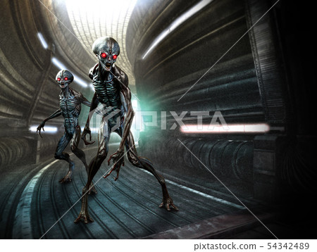 Grey aliens scene 3D illustration Grey aliens scene 3D illustration 54342489