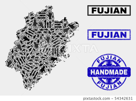 Handmade Collage of Fujian Province Map and Scratched Stamp Handmade Collage of Fujian Province Map and Scratched Stamp 54342631
