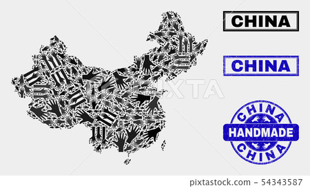 Handmade Composition of China Map and Textured Stamp Handmade Composition of China Map and Textured Stamp 54343587