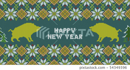 Christmas knitted pattern with yellow wild boars 54349396